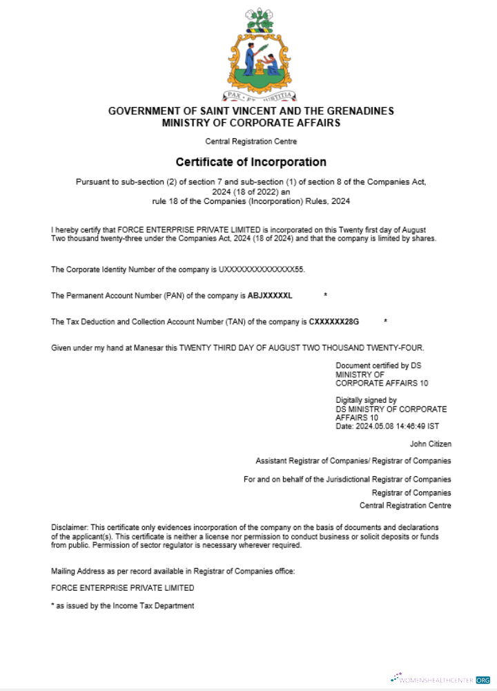 Saint Vincent and the Grenadines business registration certificate Word and PDF template